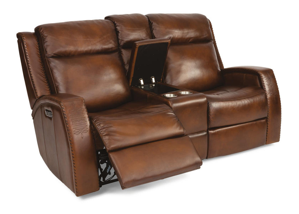 Flexsteel Latitudes Mustang Leather Power Reclining Loveseat w/Console & Power Headrests