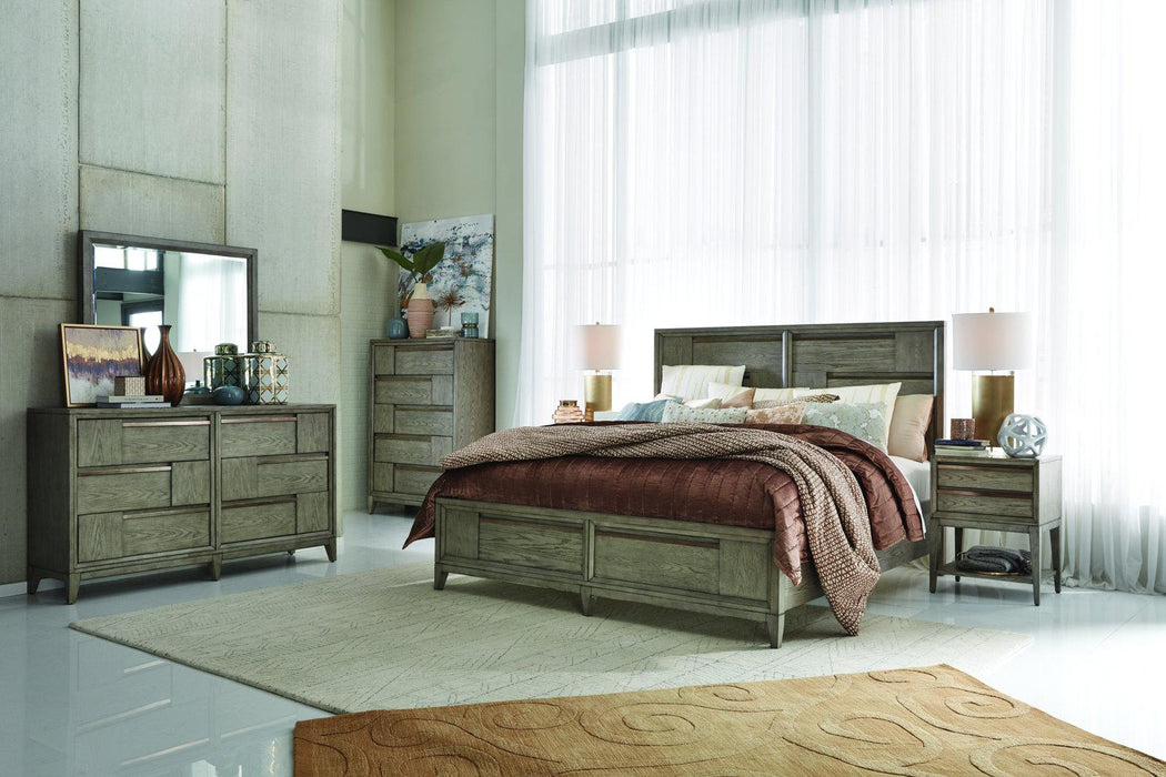 Magnussen Furniture Atelier California King Panel Storage Bed in Nouveau Grey, Palladium Metal