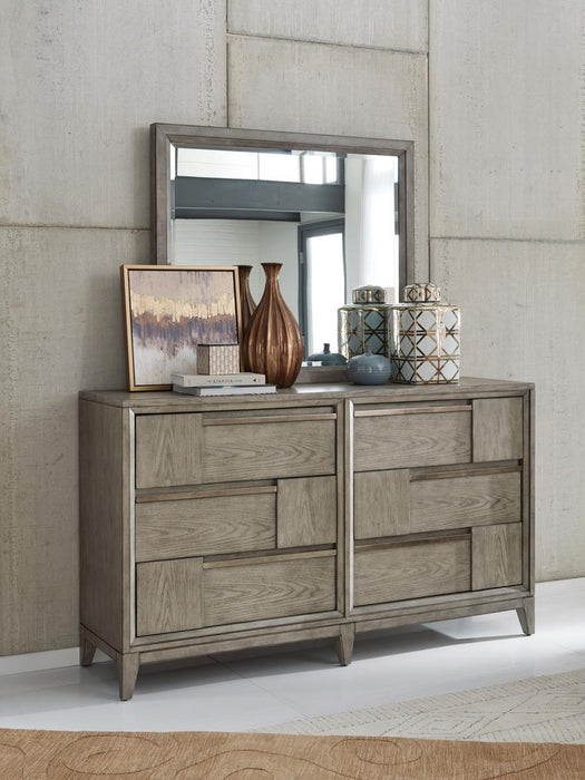 Magnussen Furniture Atelier Double Drawer Dresser in Nouveau Grey, Palladium Metal