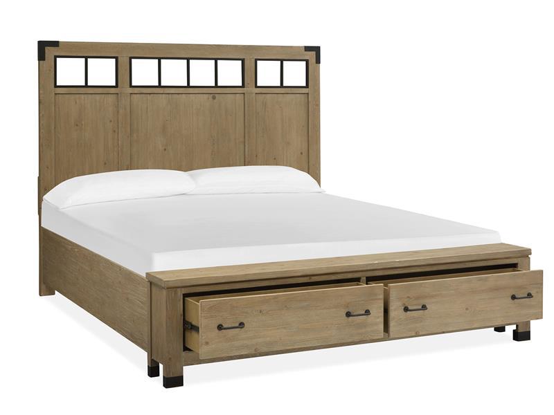 Magnussen Furniture Madison Heights King Panel Storage Bed with Metal/Wood in Weathered Fawn