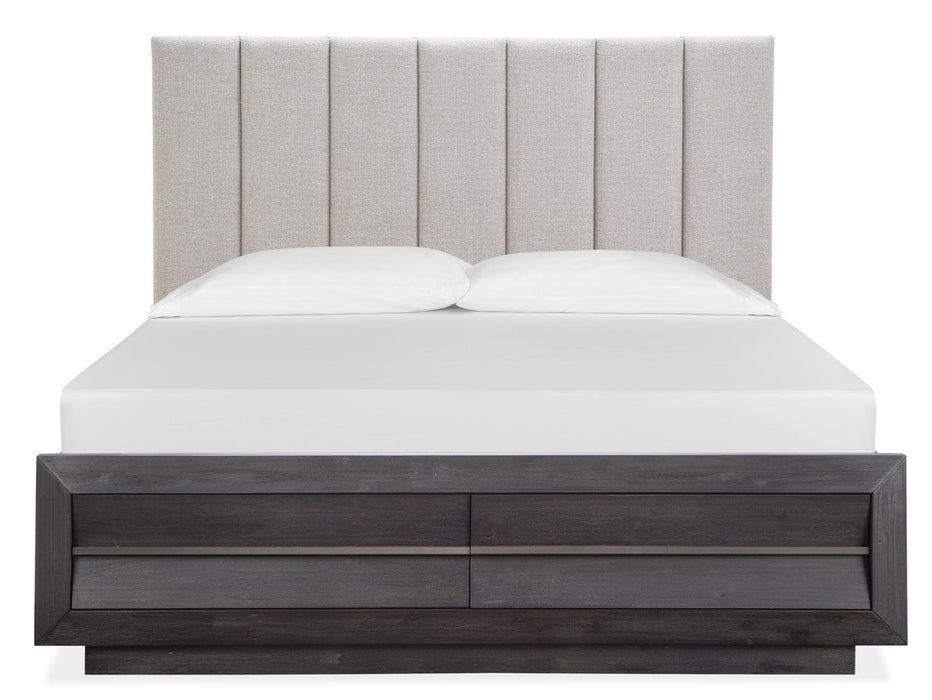 Magnussen Furniture Wentworth Village California King Upholstered Bed with Storage Footboard in Sandblasted Oxford Black image