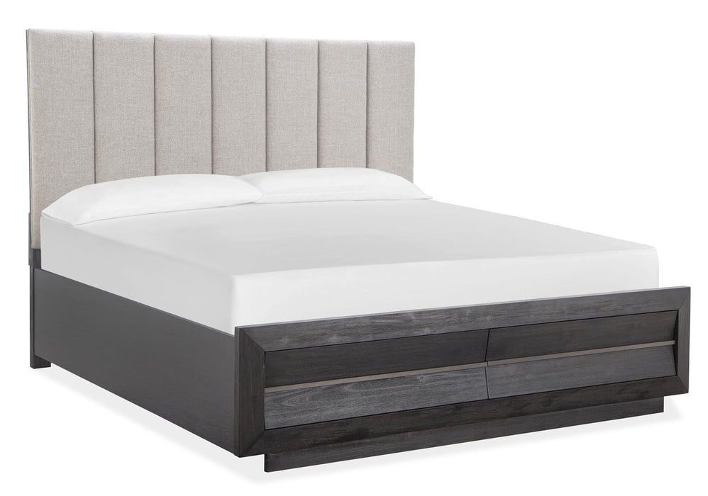 Magnussen Furniture Wentworth Village California King Upholstered Bed with Storage Footboard in Sandblasted Oxford Black