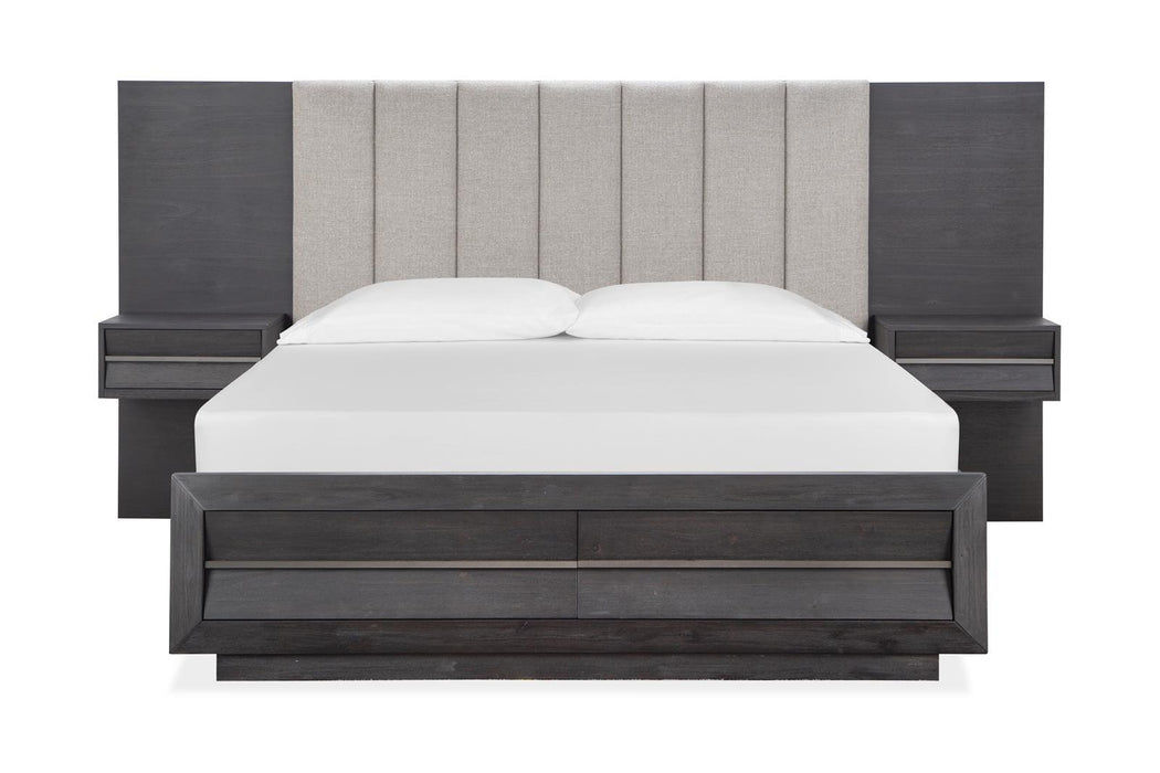 Magnussen Furniture Wentworth Village King Wall Upholstered Bed with Storage Footboard in Sandblasted Oxford Black image