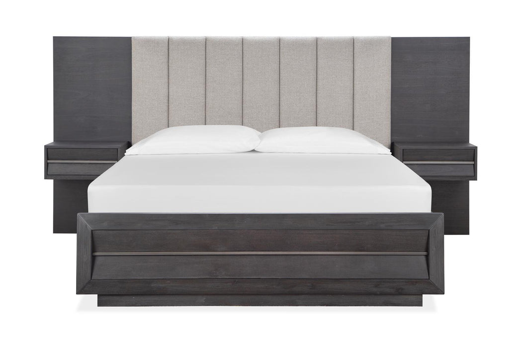 Magnussen Furniture Wentworth Village King Wall Upholstered Bed with Wood/Metal Footboard in Sandblasted Oxford Black image